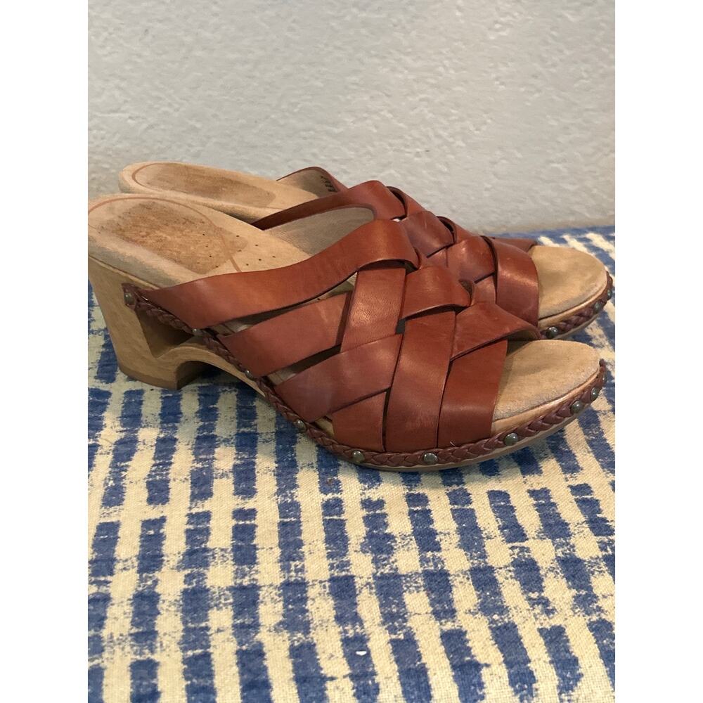 Dansko Cognac Brown Woven Leather Slide Sandals